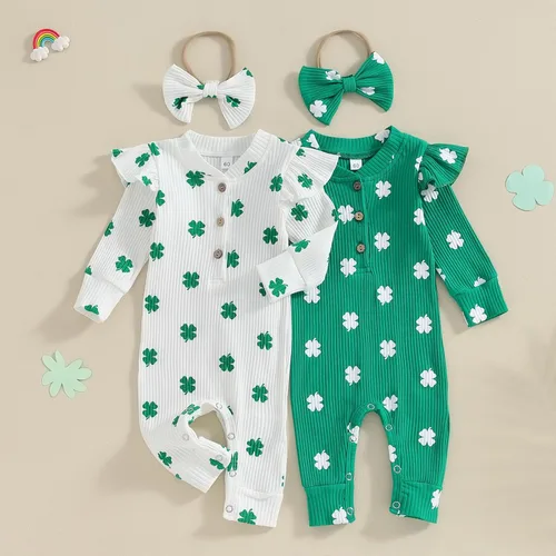 Vista 2 de Beautooly Trajes irlandeses para bebé niña, lindo mameluco de manga larga con lazo para la cabeza, día de San Patricio, ropa para recién nacida