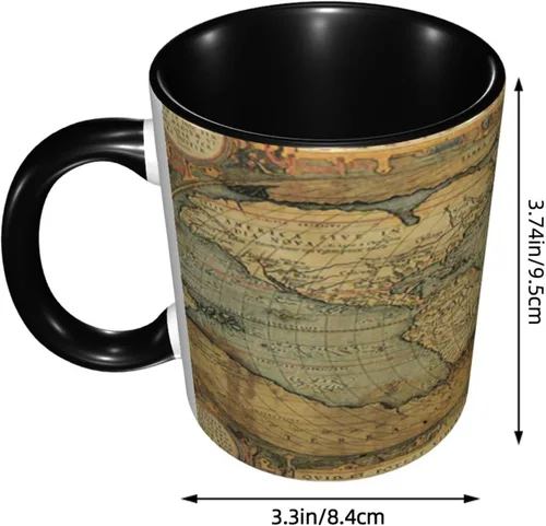 Vista 3 de Taza de café, tazas de porcelana con mapa del mundo, antiguo gráfico antiguo vintage del siglo XVI, 11 onzas, para bebidas calientes y todos