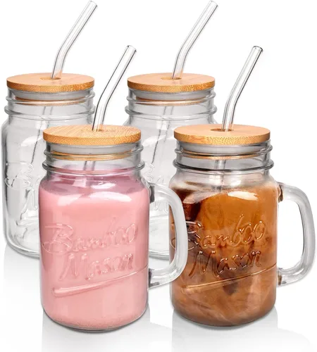 Vista 9 de ANOTION Tarro Mason con Tapa y Pajita, Tarros Mason de Boca Regular de 24 oz con Asa, Vasos para Beber, Vaso Tipo Tumbler, Tazas Reutilizables