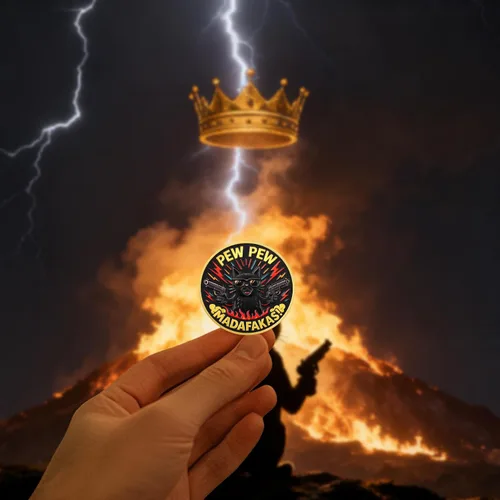 Vista 7 de Pew Pew Cat Challenge Coin – Rey del Caos Gato genial con corona Medallón único con diseño de fuego y relámpago Regalo divertido