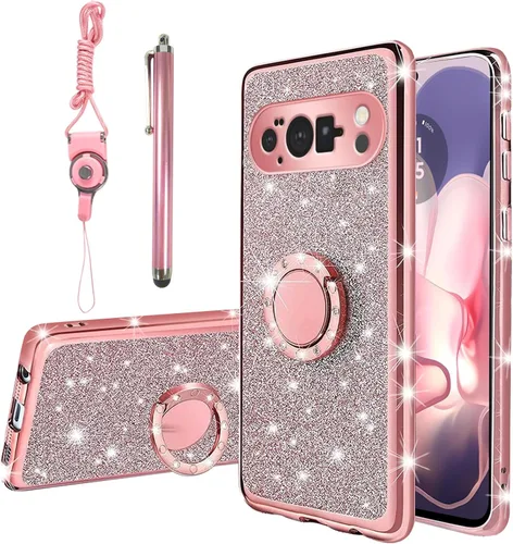 Vista 28 de Funda compatible con Google Pixel 6 Pro para mujer, con purpurina, suave, elegante, transparente, TPU de lujo, bonita funda protectora con correa