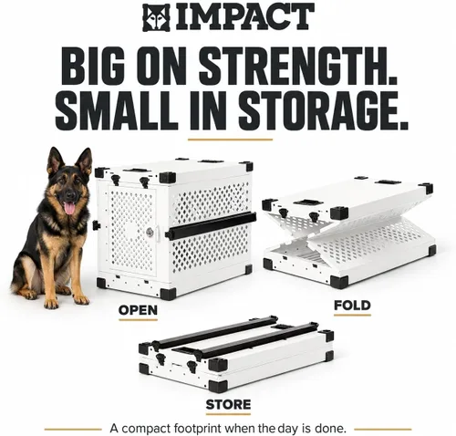 Vista 2 de Impact - Jaula plegable para perros, perrera de aluminio de viaje resistente, gris, 24 pulgadas