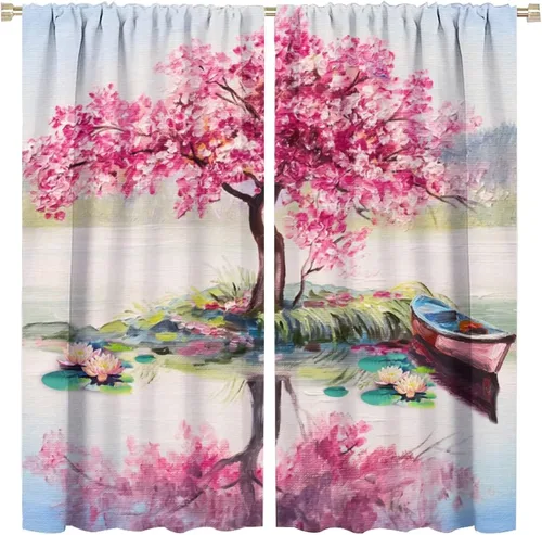 Vista 28 de Cortinas opacas con diseño floral de galaxia azul abstracta para dormitorio, cortinas de ventana de teñido anudado con diseño de flor de cerezo