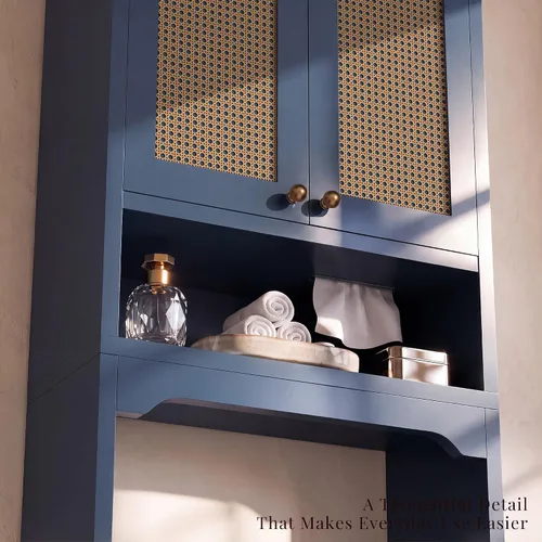 Vista 4 de Over the Toilet Storage Cabinet with Rattan Door & Adjustable Shelf, Blue