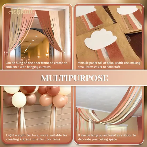 Vista 3 de AOBKIAT Decoraciones de fiesta boho de otoño, 5 rollos de papel crepé marrón y naranja polvoriento, serpentinas de fiesta para el día de Acción