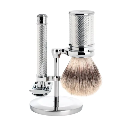 Vista 2 de MÜHLE Cepillo de afeitar tradicional de fibra Silvertip negro/cromo Accesorio de afeitado de lujo para hombres