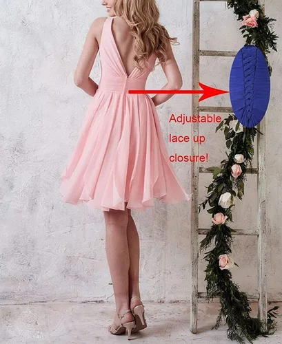 Vista 3 de Vestido corto de dama de honor hasta la rodilla gasa vestidos de regreso a casa V cuello una línea vestidos de fiesta SY339