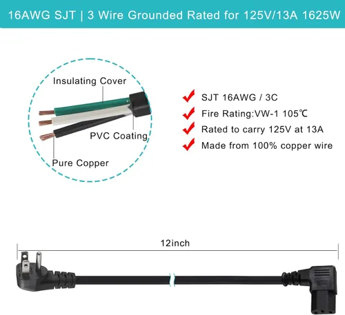 Vista 3 de [Paquete de 2] Cable de alimentación para computadora de 90 grados, enchufe plano de perfil bajo de 1 pie a cable de alimentación IEC C13 en ángulo