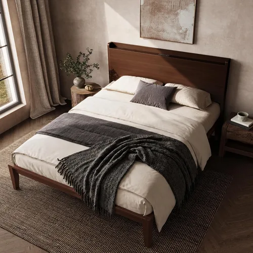 Vista 3 de PRAISUN Marco de cama Queen de madera de bambú con estación de carga y Espresso