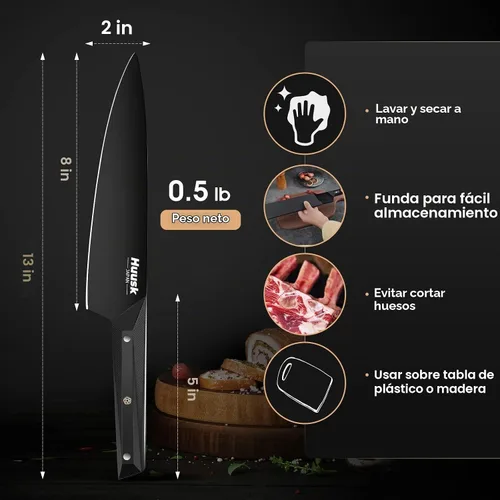 Vista 5 de Huusk Cuchillo de chef de 8 pulgadas, cuchillos de cocina Gyuto de acero Negro