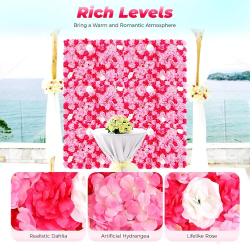 Vista 2 de Juego de paneles de pared de flores de seda artificial, telón de fondo de fiesta de boda, panel de pared floral de rosa de seda para ramo, Rosa