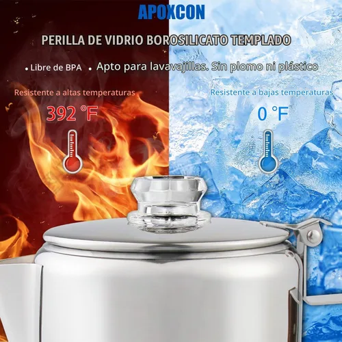 Vista 4 de APOXCON Cafetera de acero inoxidable con perilla de vidrio para usar en cualquier estufa, sin aluminio, sin plástico (9 tazas)