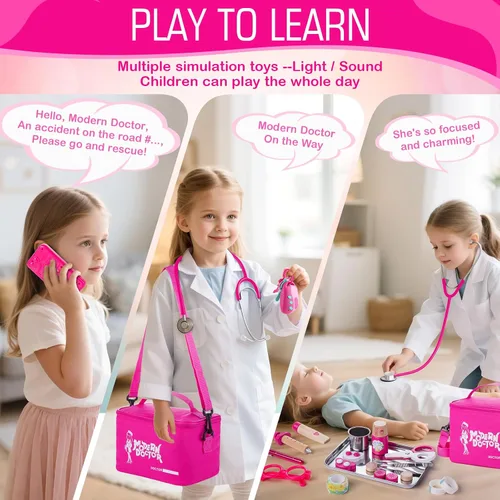 Vista 3 de Sundaymot Kit de Doctor para Niñas, 34 piezas juego de simulación, kit de Doctor para niños pequeños de 3 a 5 años, con bolsa médica, estetoscopio