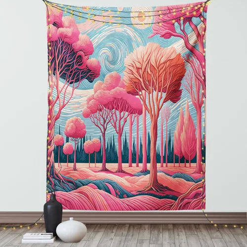 Vista 46 de Ambesonne Tapiz verde, fases lunares alrededor de un árbol de la vida, impresión de diseño bohemio de astrología nocturna, decoración de tela