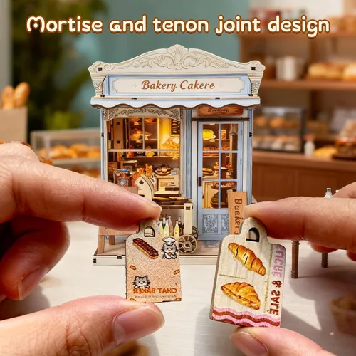 Vista 5 de Kit de construcción de casa en miniatura DIY, kit de rincón de lectura de panadería, rompecabezas de madera en 3D para estanterías, kit de casa