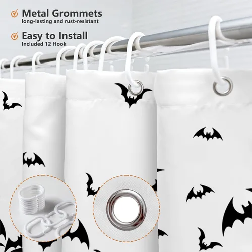 Vista 4 de MEHOFOND Cortina de ducha de murciélagos espeluznantes para Halloween, diseño de murciélago volador, cortina de baño decorativa de Halloween