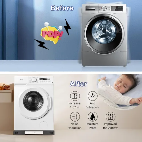 Vista 9 de Rodillos para electrodomésticos, resistente, ajustable, mini soporte para lavadora y secadora con 16 ruedas de bloqueo, base universal para muebles