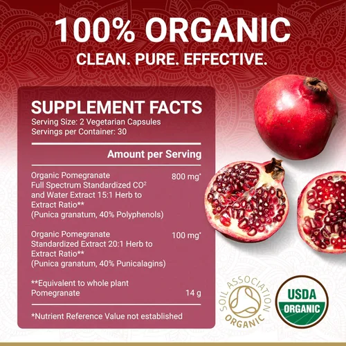 Vista 5 de Suplemento de extracto de granada – Ácido elágico y punicalaginas altas Suplemento orgánico de granada certificado por USDA Mezcla de fruta