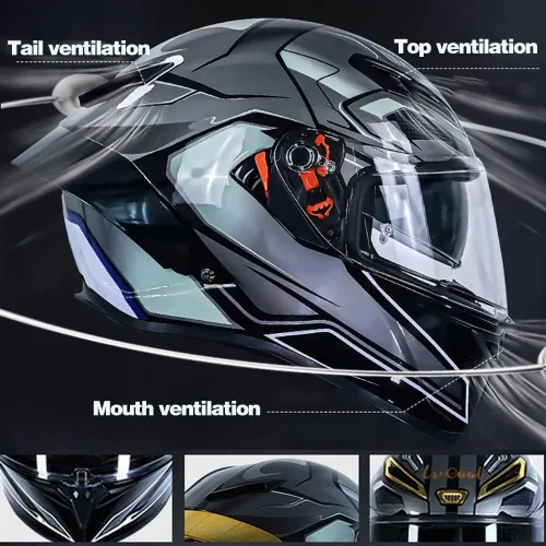 Vista 4 de Casco de motocicleta Bluetooth de cara completa, aprobado por DOT, casco antivaho, doble visera, casco de bicicleta de calle, altavoz dual integrado