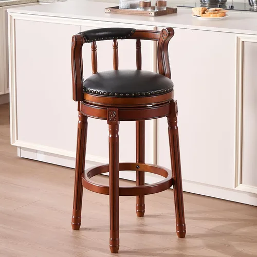 Vista 7 de RAINMOOD Juego de 2 taburetes de bar, taburete tapizado de cuero de grano completo, silla de bar negra con respaldo, patas de madera maciza