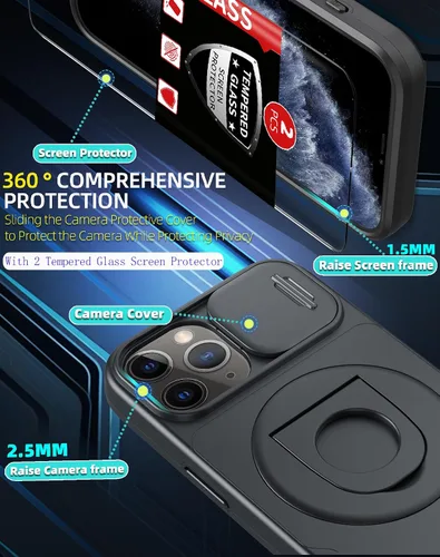 Vista 3 de Funda magnética para iPhone 11 Pro compatible con carga inalámbrica MagSafe, con 2 protectores de pantalla, anillo kickstand de 360° integrado +