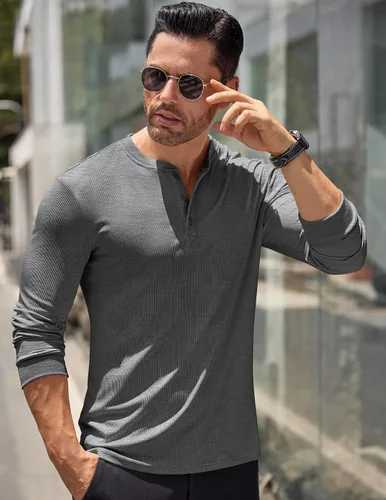 Vista 76 de COOFANDY Camisas Henley de manga larga para hombre, camisetas elásticas acanaladas, camisetas básicas casuales de moda