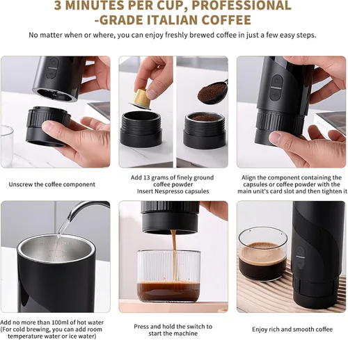 Vista 7 de Juego de cafetera portátil, molinillo de café manual recargable y espumador de leche eléctrico, todo en 1, mini cafetera de viaje para campamento