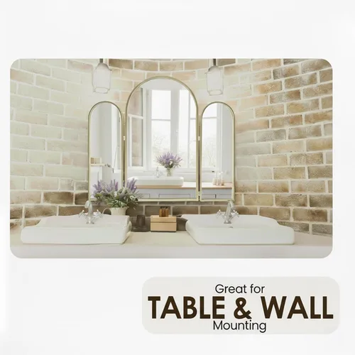 Vista 6 de Houseables - Espejo de 3 vías, triple tocador, plegable de tres vías, triple pliegue, para trenzar el cabello, 3 vías, 3 lados, tres paneles, Dorado