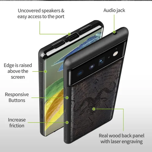 Vista 9 de Carveit Funda de madera para Pixel 6 Pro [madera natural y TPU suave negro] a prueba de golpes, diseño único de madera compatible con Google Pixel 6