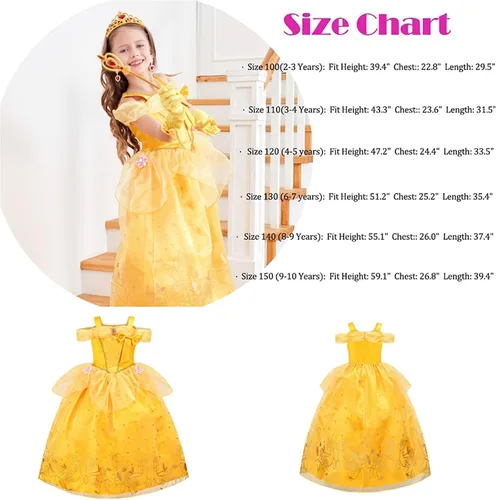Vista 6 de GZ-LAOPAITOU Belle Princess Dress for Girls Cosplay Halloween Birthday Christmas Party Outfit Yellow with Accessories