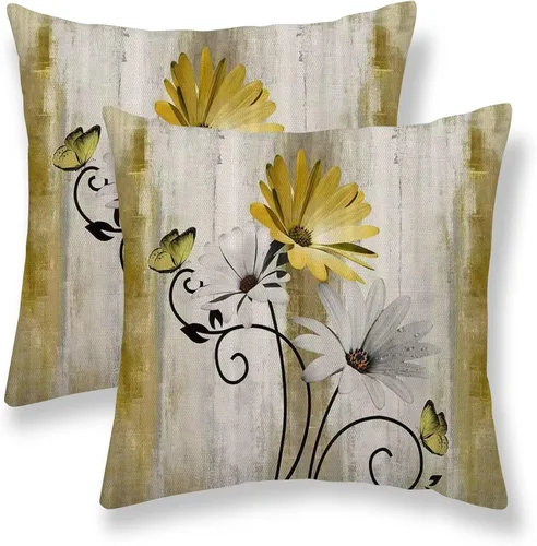 Vista 7 de Juego de 2 fundas de almohada florales de color salvia de 16 x 16 pulgadas, fundas de almohada decorativas con flores de margarita y mariposas