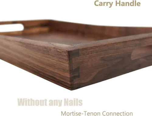 Vista 3 de Bandeja otomana rectangular curvada de madera de nogal negro de 22 x 14 pulgadas con asas, sirve té, café, bandeja decorativa de madera clásica