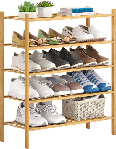 Vista 16 de Zapatero de bambú apilable para zapatos, organizador de almacenamiento para unidad, entrada, pasillo y armario, estante resistente independiente