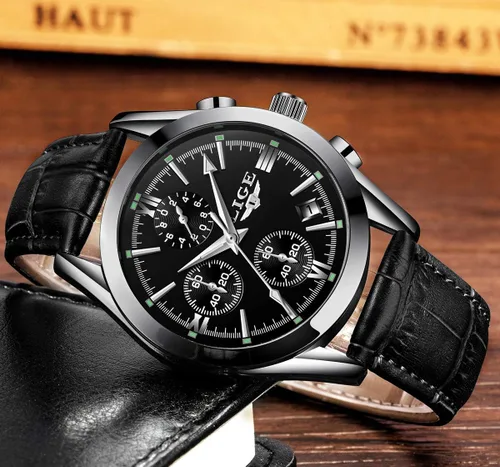 Vista 2 de LIGE Reloj de cuero analógico de cuarzo para hombre, reloj de pulsera para hombre, reloj de negocios casual, impermeable, reloj deportivo negro