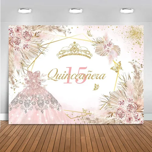 Vista 8 de Mocsicka Quinceanera - Telón de fondo de cumpleaños número 15, para mujeres y niñas, bohemio, elegante, flores rosadas, fondo de vinilo bohemio, Azul