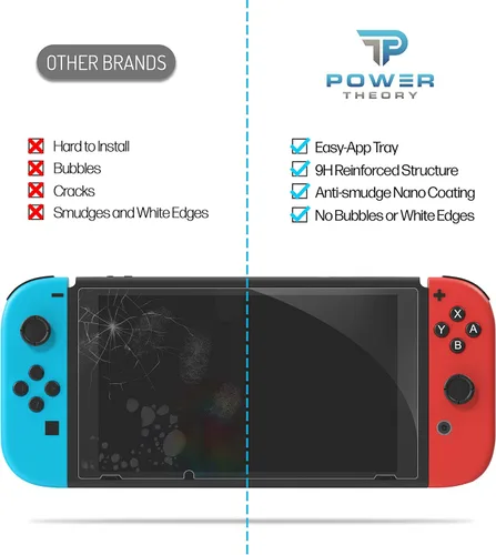 Vista 4 de Power Theory Designed for Nintendo Switch 6.2" Screen Protector Tempered Glass 9H Hardness, Easy Install Kit, 99% HD Bubble Free Clear, Case