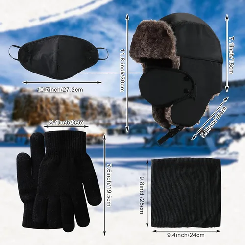 Vista 2 de 3 Pieces Trapper Hat Winter Hats Windproof Waterproof Fleece Neck Warmer Scarf Warm Winter Knit Touchscreen Gloves