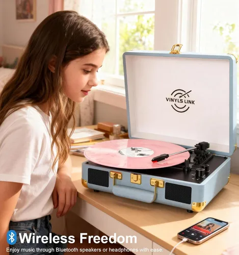 Vista 5 de VINYLSLINK Reproductor de discos de vinilo con Bluetooth, tocadiscos portátil de 3 velocidades con control de agudos y graves, altavoces estéreo