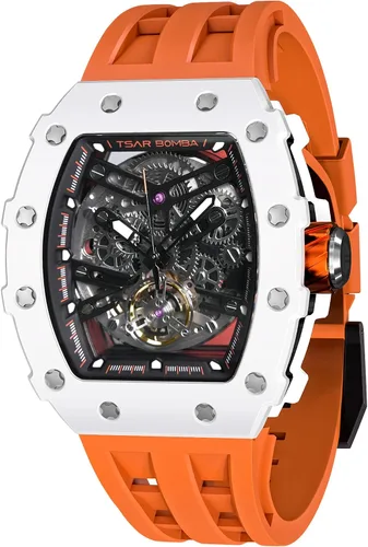 Vista 29 de Tsar Bomba Men's Automatic Watch Tonneau Luxury Skeleton Watch for Men Mechanical 50M Waterproof Wristwatch Gift for Men 08tc-whi