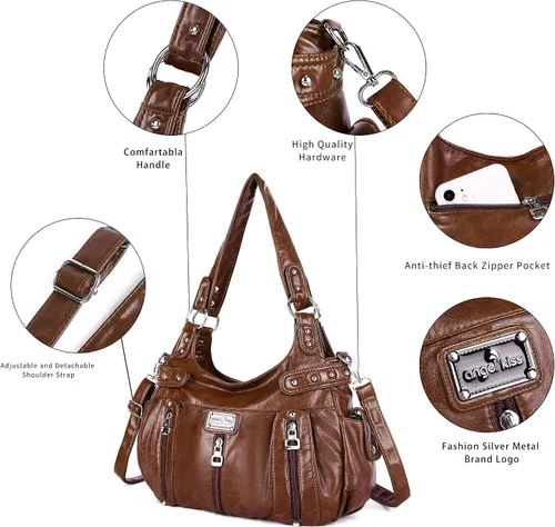 Vista 5 de Angelkiss Monederos grandes y bolsos para mujer, de piel sintética lavada, bolso cruzado de hombro