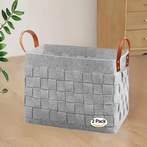Vista 12 de boldmonkey Cesta para mantas de 15 x 13 x 11 pulgadas, paquete de 2 cestas rectangulares grandes para ropa sucia con mango de cuero, cesta suave