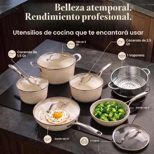 Vista 3 de GOTHAM STEEL Hammered 10 Pc Pots and Pans Set Non Stick Ceramic Cookware Hammered Cream