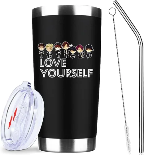 Vista 9 de Love Yourself Regalo inspirador para los fanáticos de la música, vaso de café helado de acero inoxidable aislado de 20 Oz con tapa, pajita