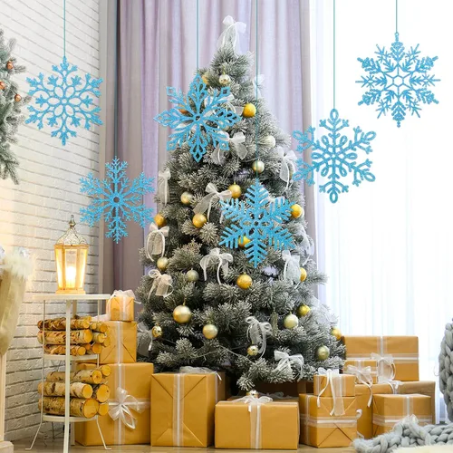 Vista 5 de Sratte Paquete de 12 adornos de copos de nieve grandes con purpurina de 12 pulgadas, decoración gigante de plástico para colgar en invierno