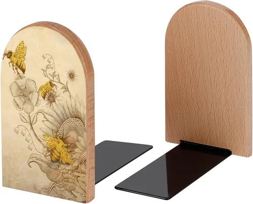 Vista 2 de Sujetalibros decorativos de madera retro de abejas en flores silvestres para estantes, habitación de los niños, escritorio en casa, oficina, tapones