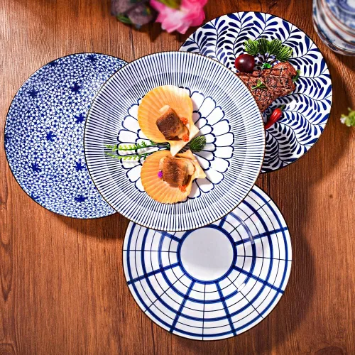 Vista 4 de Juego de 4 platos japoneses de cerámica blanca y azul de 8 pulgadas, platos grandes para aperitivos, pasta, postres y ensaladas, microondas, horno