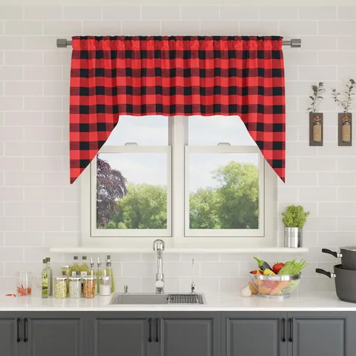 Vista 183 de Cenefas de cortina para ventana de 16 pulgadas de largo, 2 paneles de cuadros búfalo, cortinas pequeñas con bolsillo para barra, estilo clásico