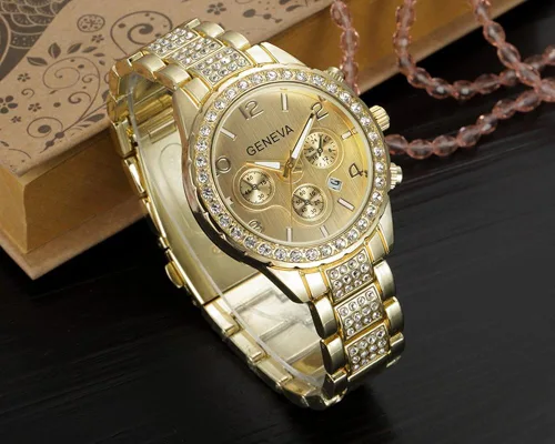 Vista 5 de FANMIS Reloj de acero inoxidable con calendario de cuarzo dorado unisex de lujo, Oro, Cronógrafo, movimiento de cuarzo
