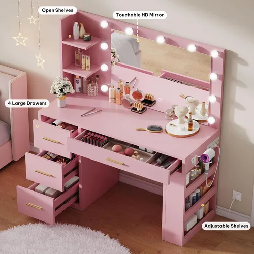Vista 3 de YITAHOME - Tocador con espejo y luces, juego de mesa de maquillaje con toma de corriente, 4 cajones, 6 estantes abiertos arriba y 3 estantes