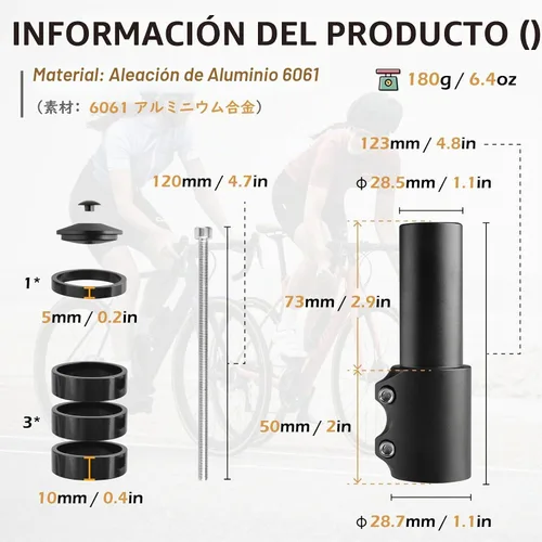 Vista 2 de TRIWONDER Extensor de Tija de Manillar para Bicicleta de MTB, BMX, Bicicletas de Montaña, Adaptador de Horquilla de Aleación de Aluminio con 01 Negro